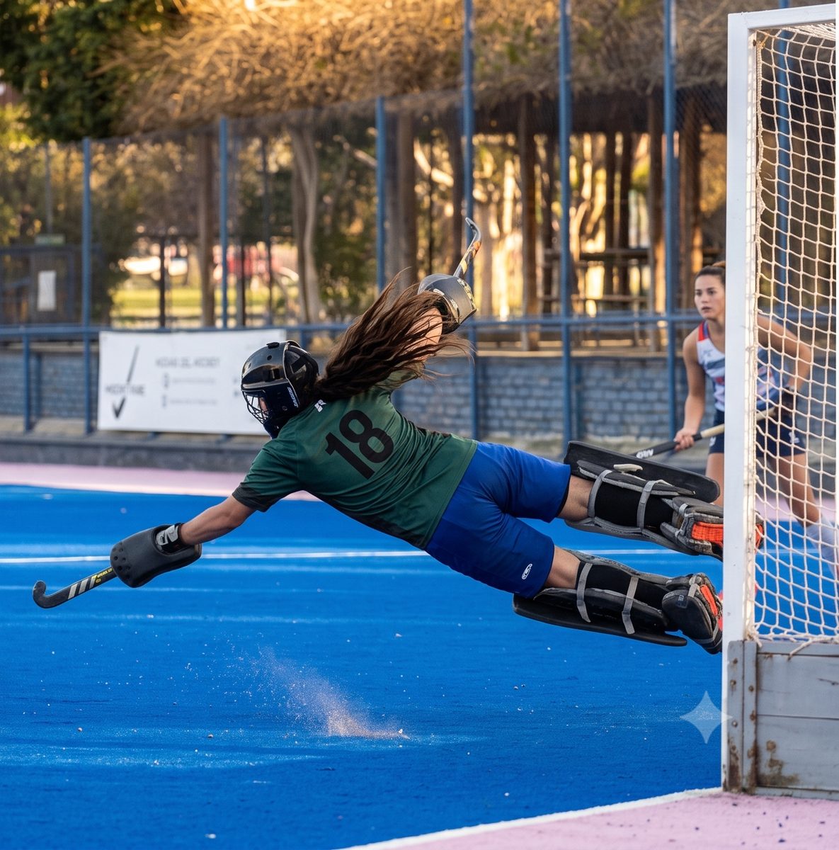 Arquera de hockey en acción